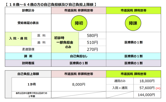 <重度医療>助成内容　表　18歳～64歳