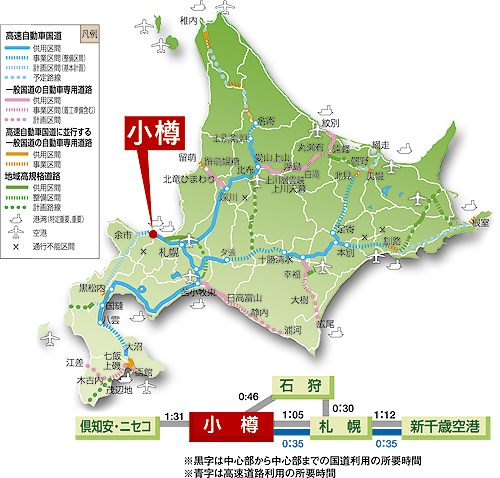 地図: 北海道の高速自動車道及び地域高規格道路と港湾、空港