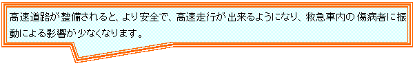 四角形吹き出し: 高速道路が整備されると、より安全で、高速走行が出来るようになり、救急車内の傷病者に振動による影響が少なくなります。