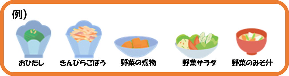 小鉢5皿分の組み合わせ例は、ほうれんそうのおひたし、きんぴらごぼう、野菜の煮物、野菜サラダ、野菜のみそ汁など