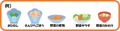 おひたし、きんぴらごぼう、野菜の煮物、野菜サラダ、野菜のみそ汁など