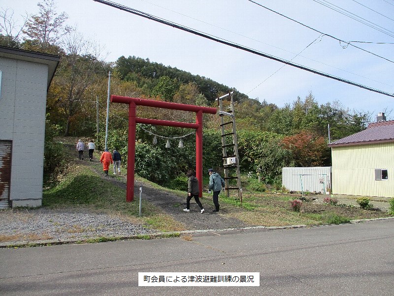 町会員が津波避難訓練をしている様子