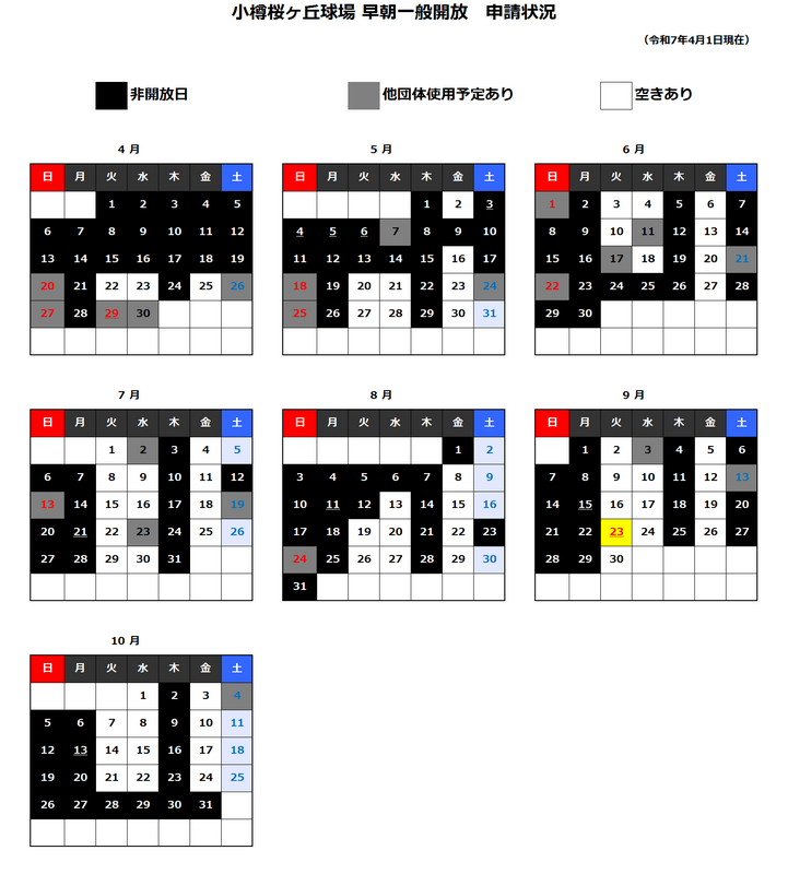 早朝一般開放申請状況【4月1日現在】