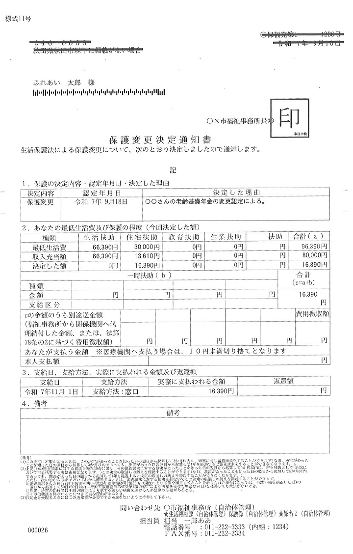 生活保護費支給通知書例
